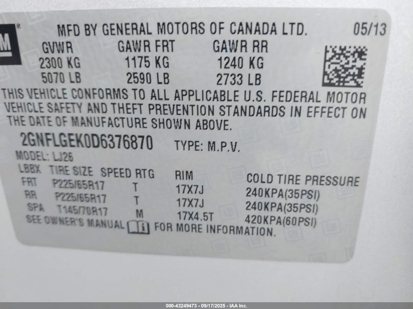 2013 Chevrolet Equinox Ltz VIN: 2GNFLGEK0D6376870 Lot: 43249473