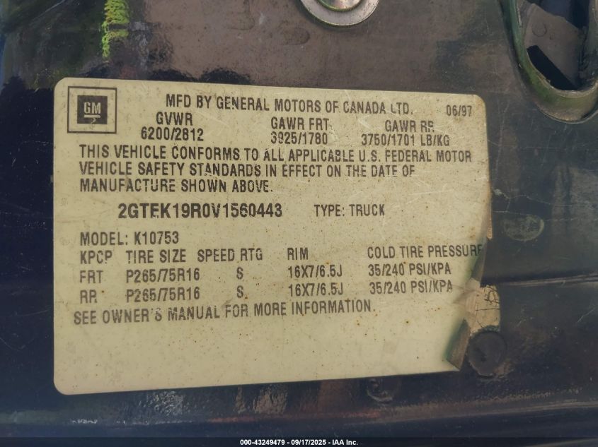 1997 GMC Sierra K1500 VIN: 2GTEK19R0V1560443 Lot: 43249479