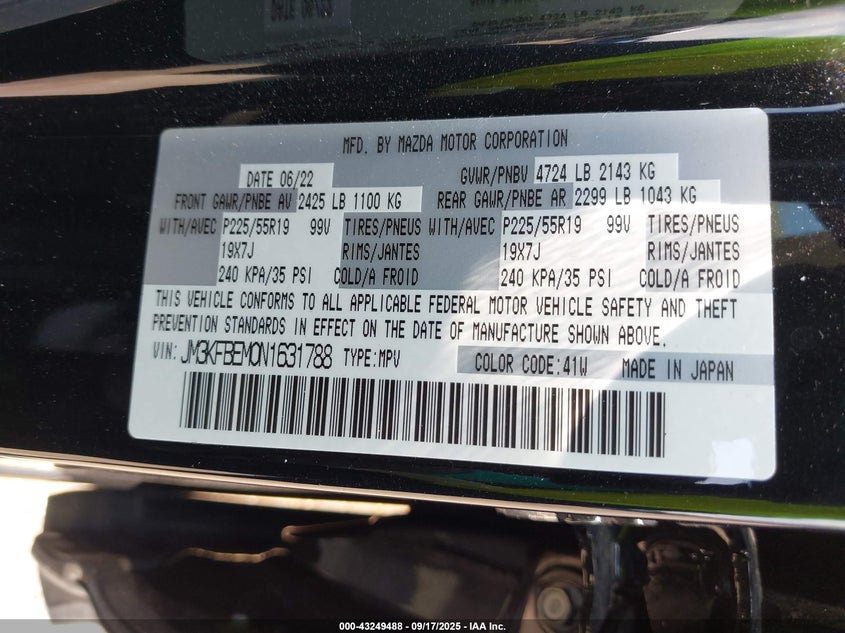 2022 Mazda Cx-5 2.5 S Premium Plus VIN: JM3KFBEM0N1631788 Lot: 43249488