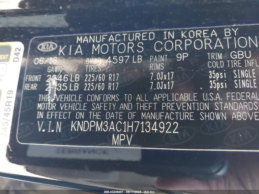 2017 Kia Sportage Lx VIN: KNDPM3AC1H7134922 Lot: 43249497