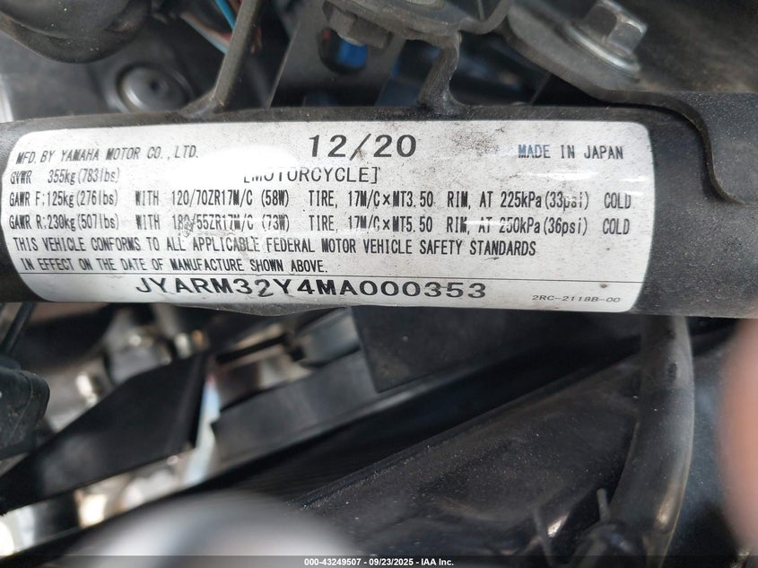 2021 Yamaha Mt07 C VIN: JYARM32Y4MA000353 Lot: 43249507