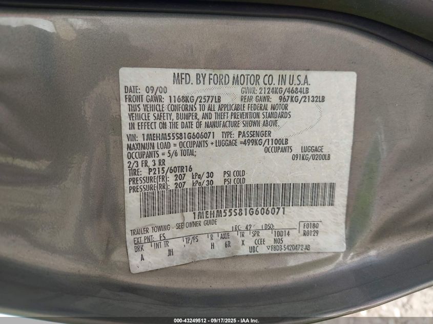 2001 Mercury Sable Ls Premium VIN: 1MEHM55S81G606071 Lot: 43249512