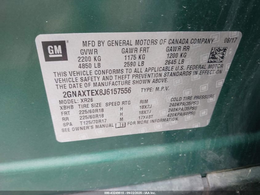 2018 Chevrolet Equinox Lt VIN: 2GNAXTEX8J6157556 Lot: 43249515