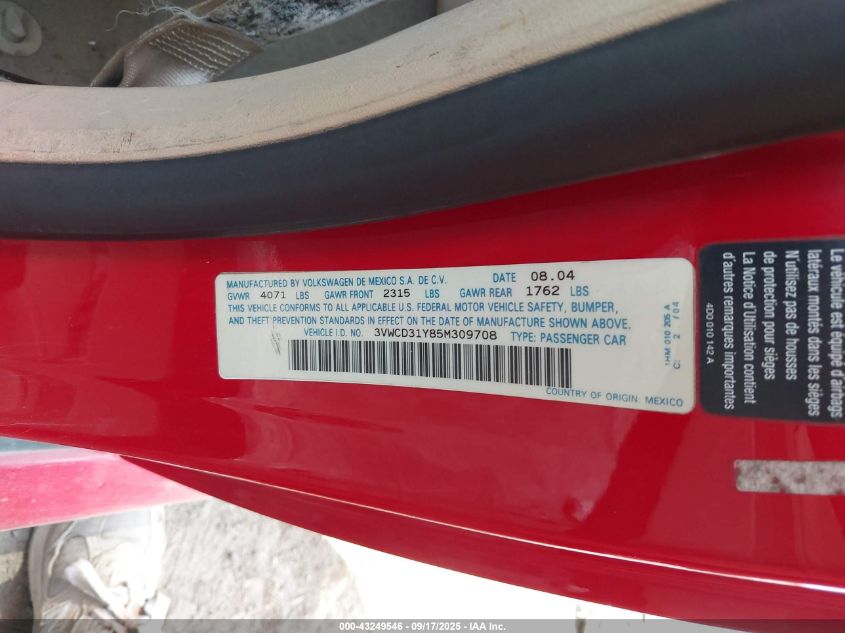 2005 Volkswagen New Beetle Gls 1.8T VIN: 3VWCD31Y85M309708 Lot: 43249546