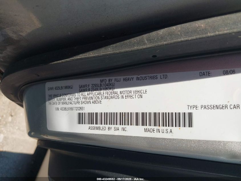 2007 Subaru Legacy 2.5I VIN: 4S3BL616977202651 Lot: 43249552