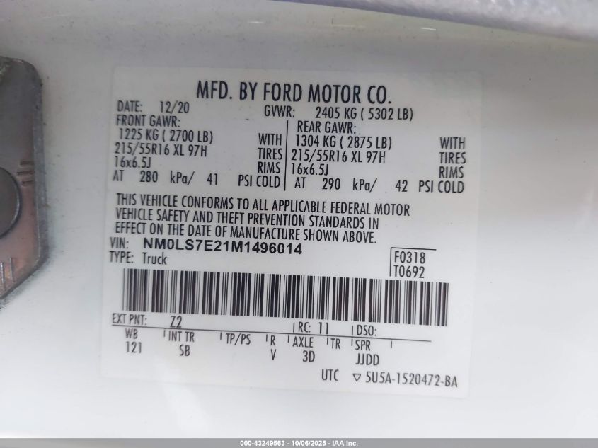 2021 Ford Transit Connect Xl VIN: NM0LS7E21M1496014 Lot: 43249563