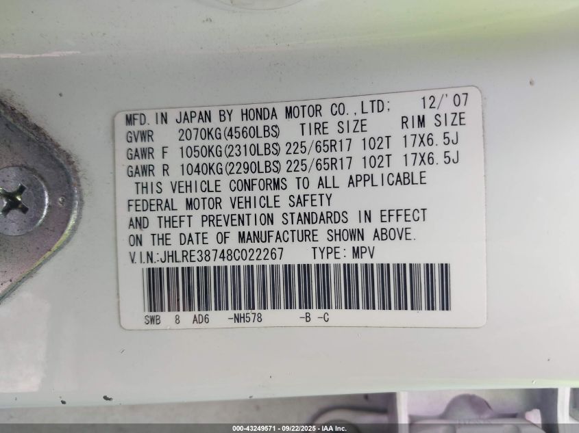 2008 Honda Cr-V Ex-L VIN: JHLRE38748C022267 Lot: 43249571
