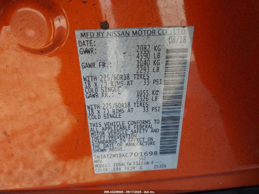 2019 Nissan Rogue Sv VIN: 5N1AT2MT8KC701698 Lot: 43249580