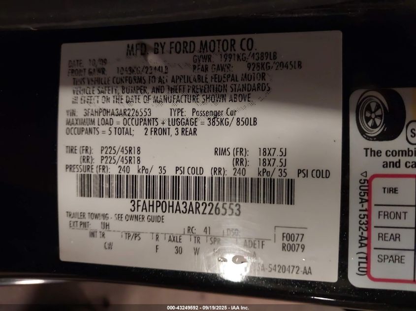 2010 Ford Fusion Se VIN: 3FAHP0HA3AR226553 Lot: 43249592