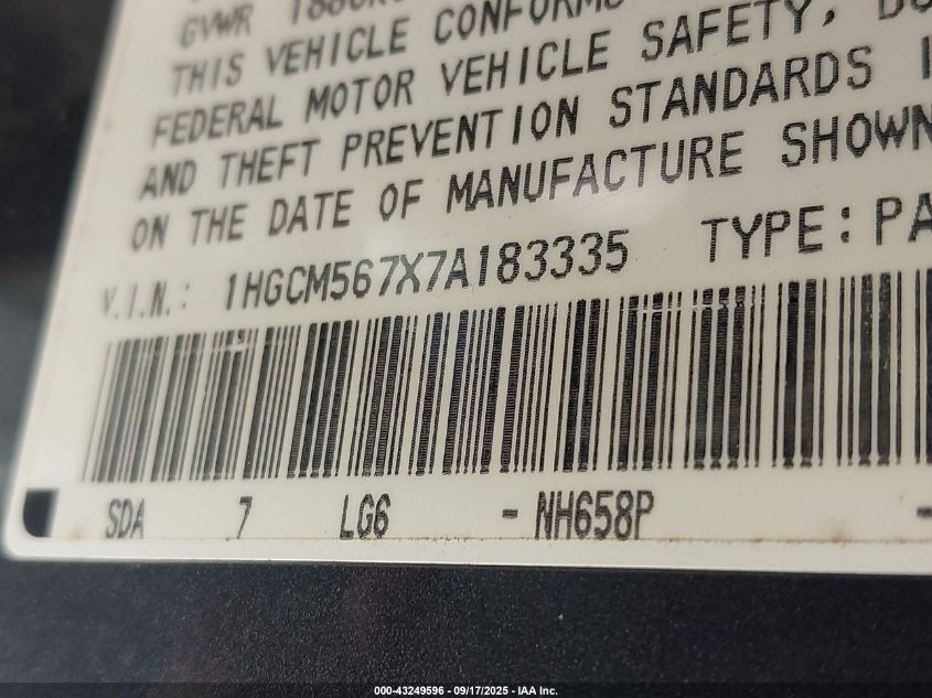 2007 Honda Accord 2.4 Ex VIN: 1HGCM567X7A183335 Lot: 43249596