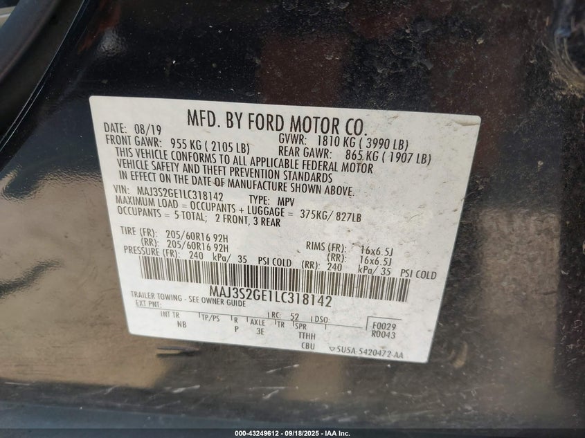 2020 Ford Ecosport Se VIN: MAJ3S2GE1LC318142 Lot: 43249612