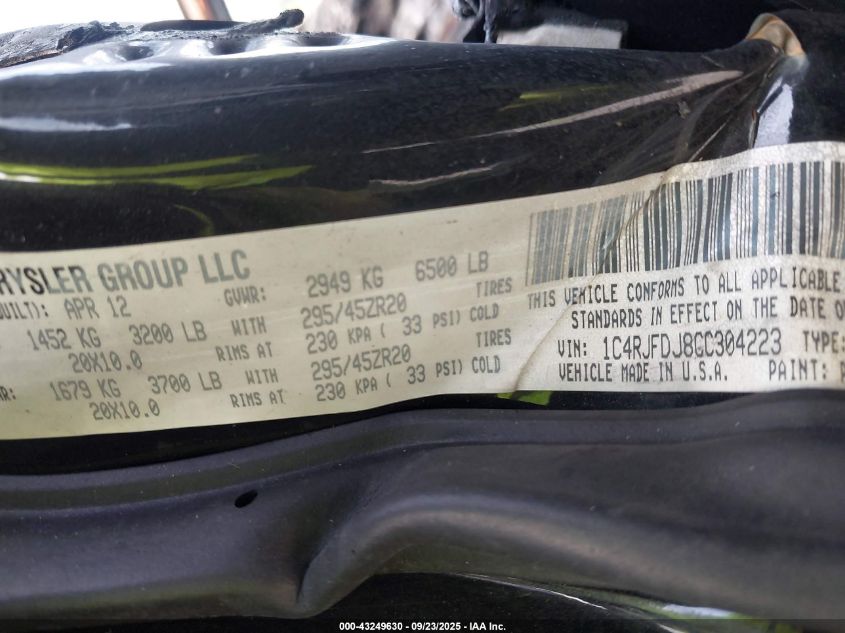 2012 Jeep Grand Cherokee Srt8 VIN: 1C4RJFDJ8CC304223 Lot: 43249630