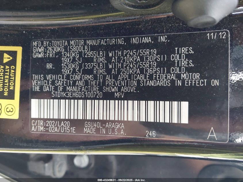 2013 Toyota Highlander Limited V6 VIN: 5TDYK3EH6DS100720 Lot: 43249631