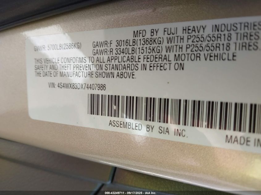 2007 Subaru B9 Tribeca Limited 5-Passenger VIN: 4S4WX83DX74407986 Lot: 43249711