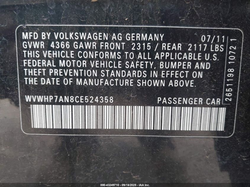 2012 Volkswagen Cc Lux VIN: WVWHP7AN8CE524358 Lot: 43249710