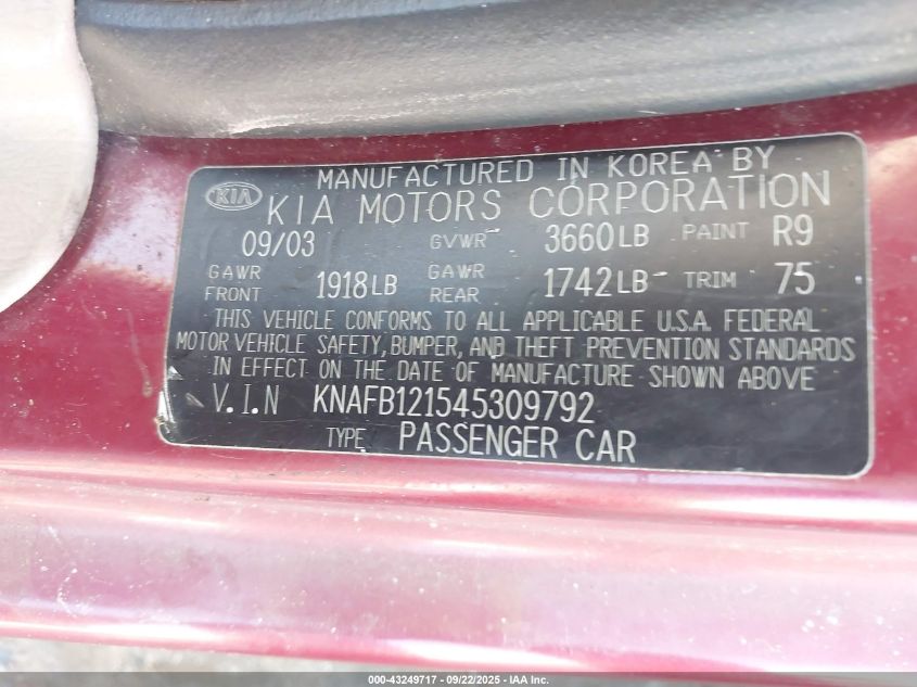 2004 Kia Spectra Ls VIN: KNAFB121545309792 Lot: 43249717