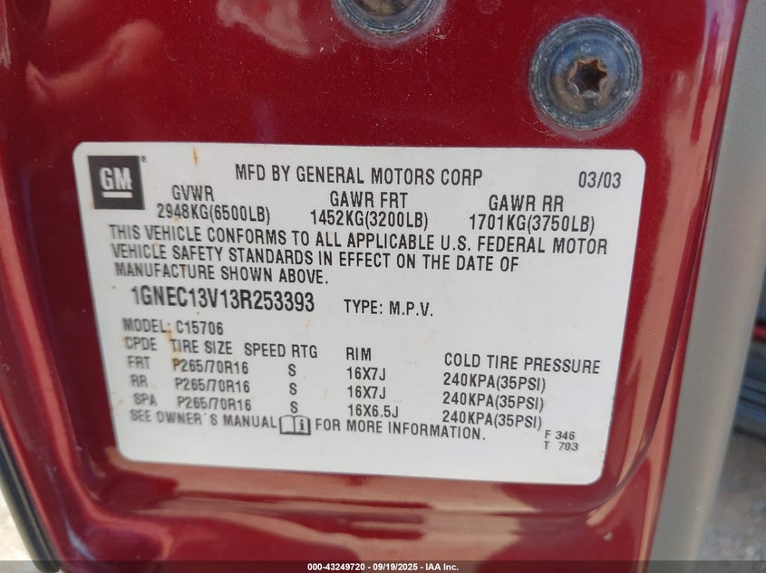 2003 Chevrolet Tahoe Ls VIN: 1GNEC13V13R253393 Lot: 43249720