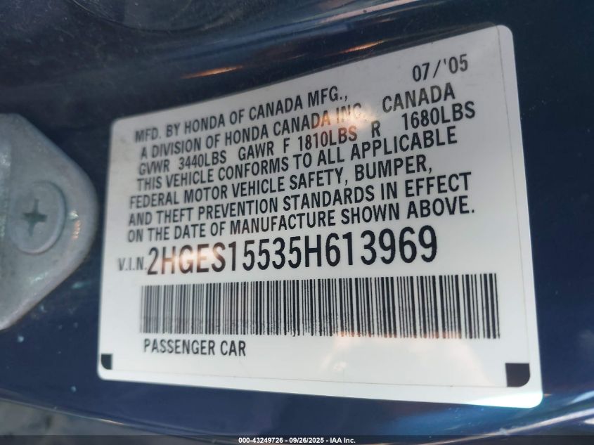 2005 Honda Civic Lx VIN: 2HGES15535H613969 Lot: 43249726