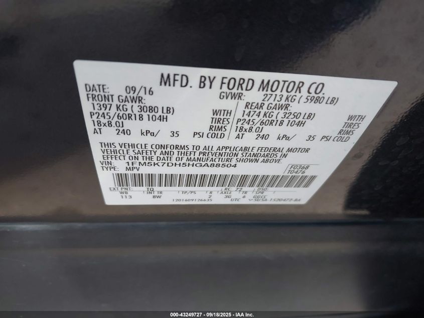 2017 Ford Explorer Xlt VIN: 1FM5K7DH5HGA88504 Lot: 43249727