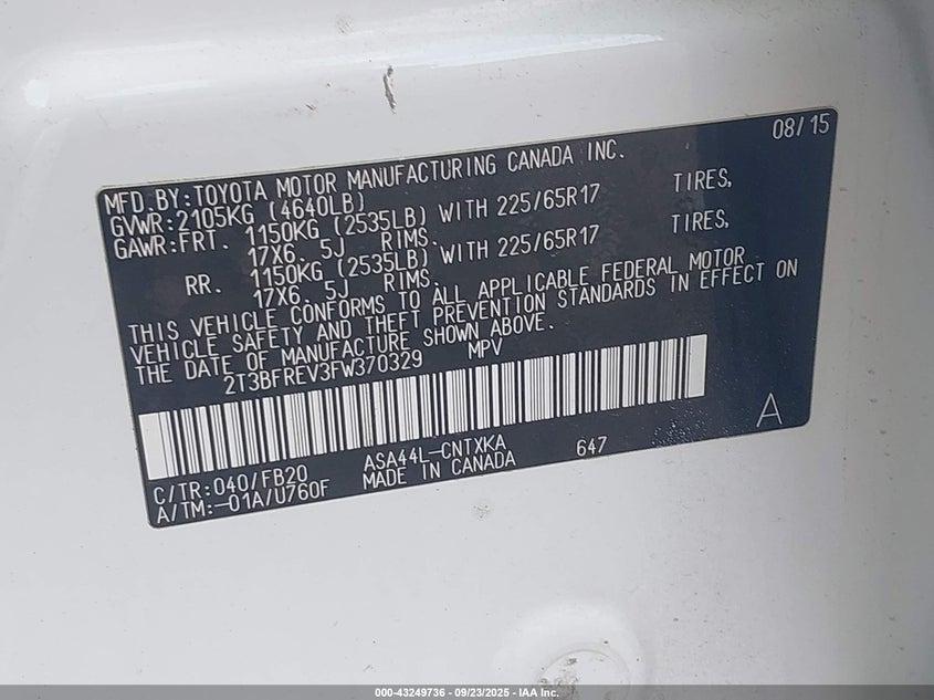 2015 TOYOTA RAV4 LE - 2T3BFREV3FW370329