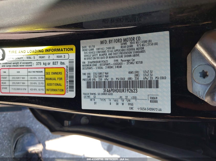 2018 Ford Fusion Se VIN: 3FA6P0HD0JR192623 Lot: 43249738