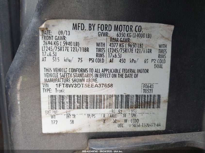 2014 Ford F-350 Lariat VIN: 1FT8W3DT5EEA37658 Lot: 43249740