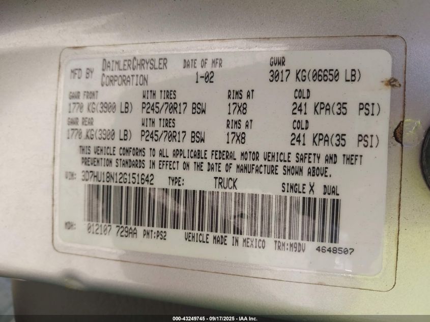 2002 Dodge Ram 1500 St VIN: 3D7HU18N12G151642 Lot: 43249745