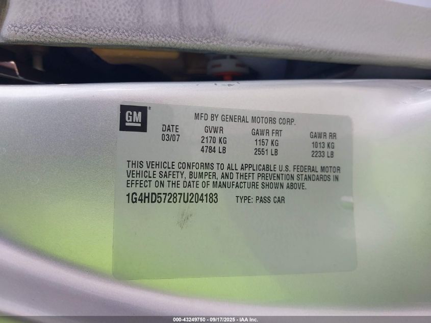 2007 Buick Lucerne Cxl VIN: 1G4HD57287U204183 Lot: 43249750