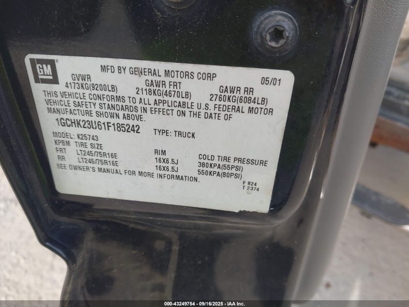 2001 Chevrolet Silverado 2500Hd Lt VIN: 1GCHK23U61F185242 Lot: 43249754