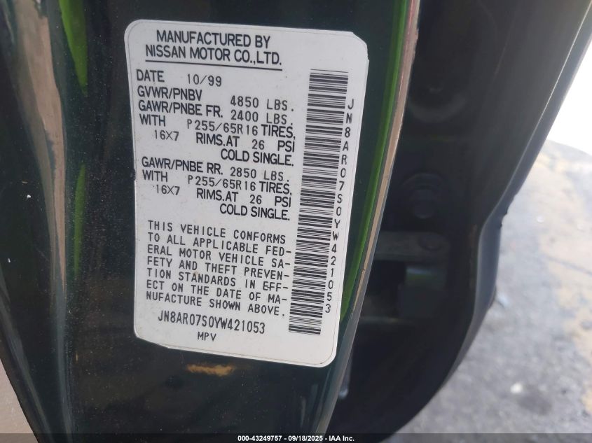 2000 Nissan Pathfinder Le/Se/Xe VIN: JN8AR07S0YW421053 Lot: 43249757