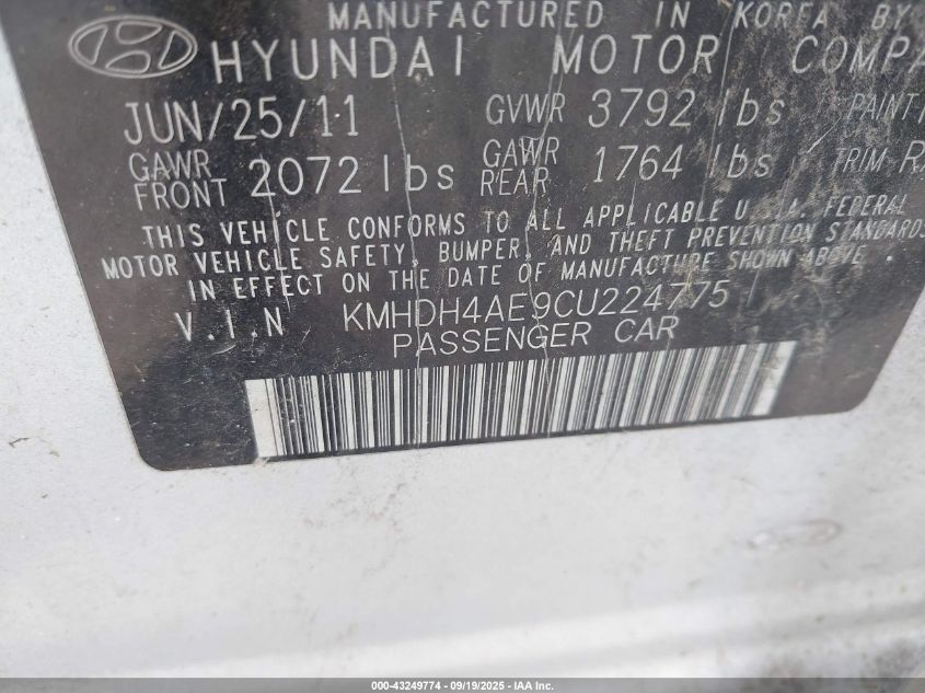 2012 Hyundai Elantra Gls (Ulsan Plant) VIN: KMHDH4AE9CU224775 Lot: 43249774