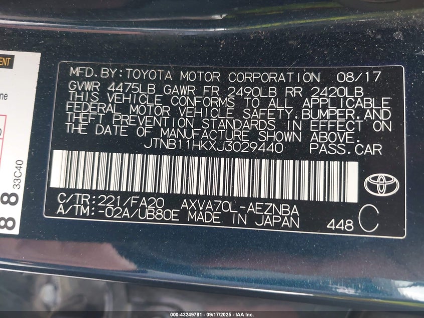 2018 TOYOTA CAMRY LE JTNB11HKXJ3029440