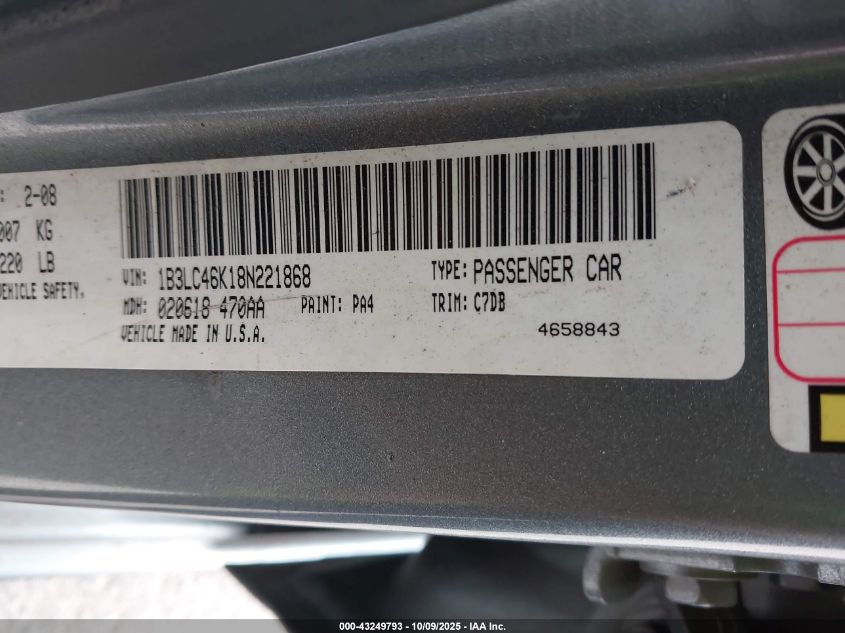 2008 Dodge Avenger Se VIN: 1B3LC46K18N221868 Lot: 43249793