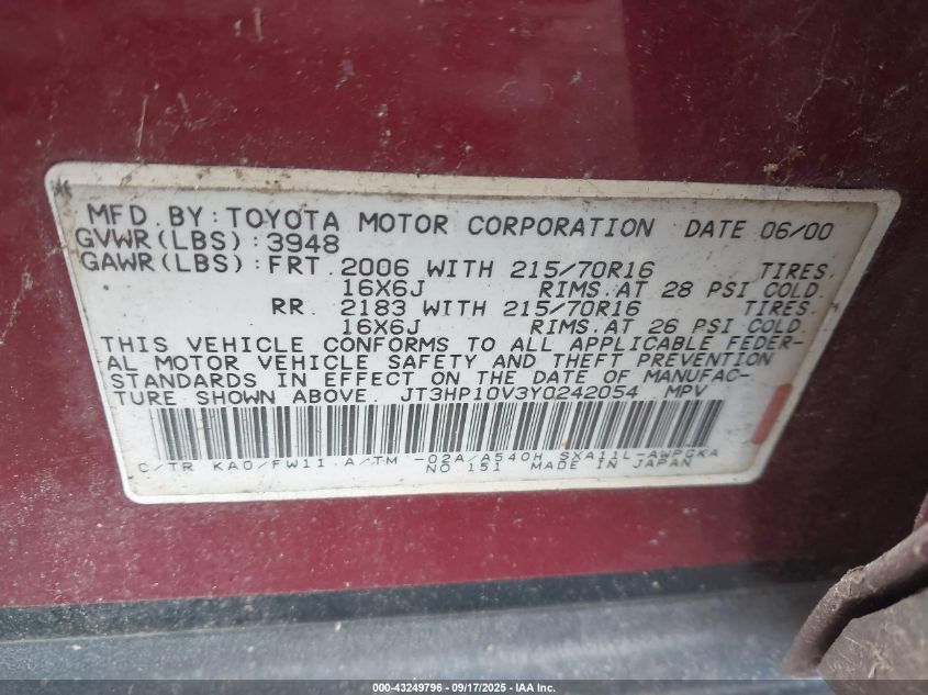 2000 Toyota Rav4 VIN: JT3HP10V3Y0242054 Lot: 43249796