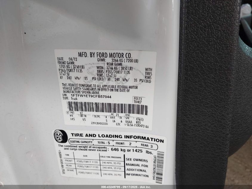 2012 Ford F-150 Xlt VIN: 1FTFW1ET9CFB57044 Lot: 43249799