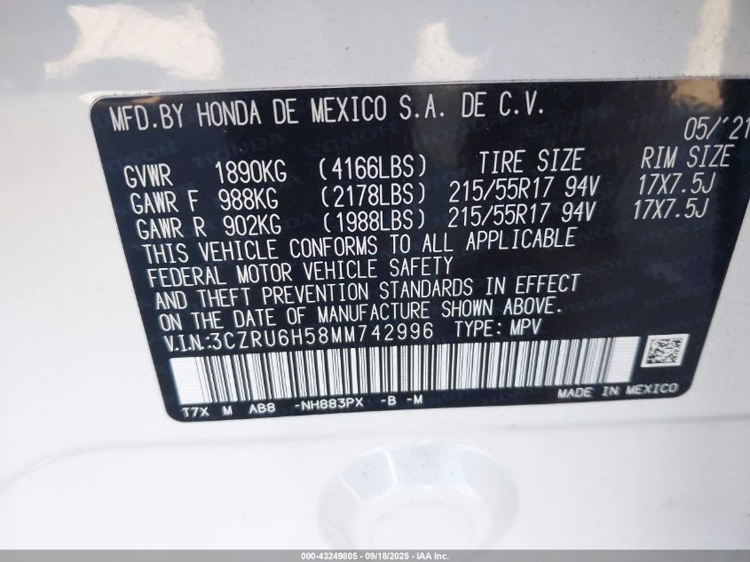 2021 Honda Hr-V Awd Ex VIN: 3CZRU6H58MM742996 Lot: 43249805