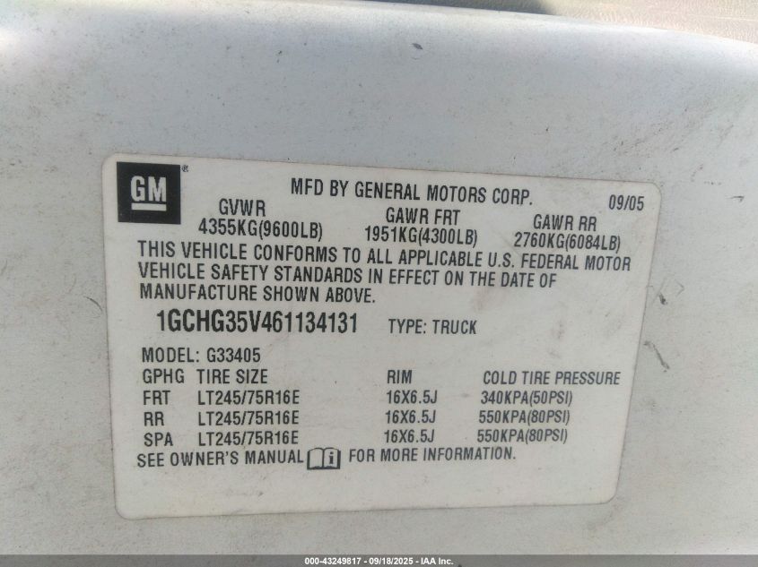 2006 Chevrolet Express Work Van VIN: 1GCHG35V461134131 Lot: 43249817