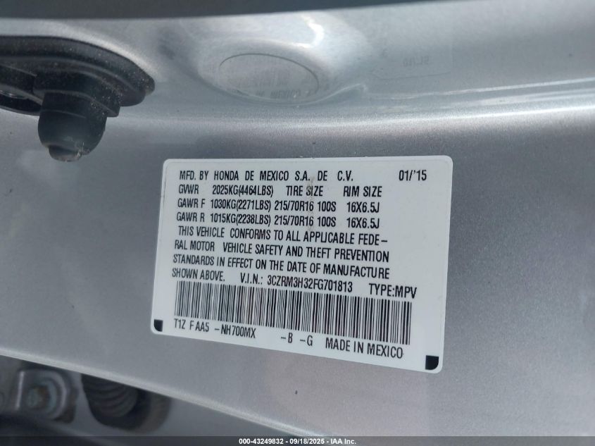 2015 Honda Cr-V Lx VIN: 3CZRM3H32FG701813 Lot: 43249832