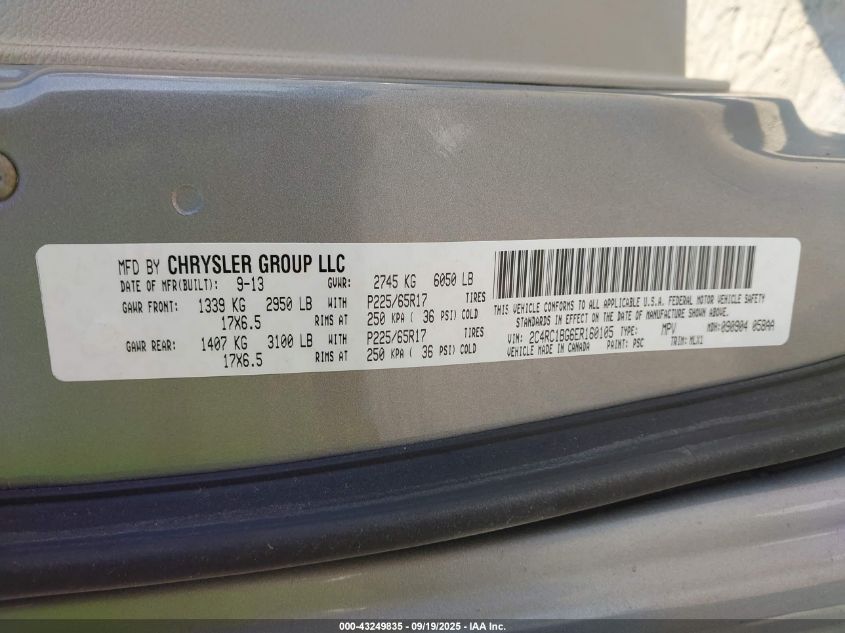 2014 Chrysler Town & Country Touring VIN: 2C4RC1BG6ER160105 Lot: 43249835