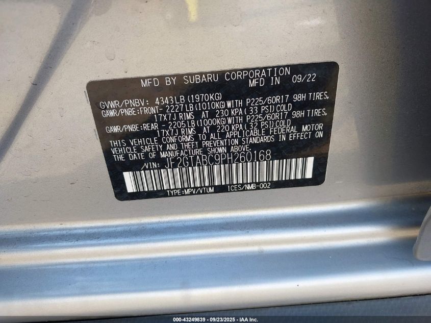 2023 Subaru Crosstrek VIN: JF2GTABC9PH260168 Lot: 43249839