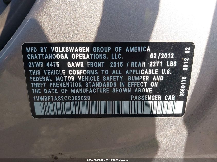 2012 Volkswagen Passat 2.5L Se VIN: 1VWBP7A32CC053028 Lot: 43249842