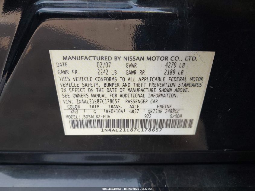 2007 Nissan Altima 2.5 S VIN: 1N4AL21E87C178657 Lot: 43249850