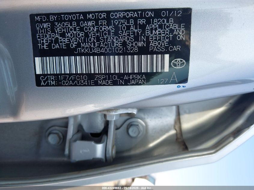 2012 Scion Xd VIN: JTKKU4B40C1021328 Lot: 43249853