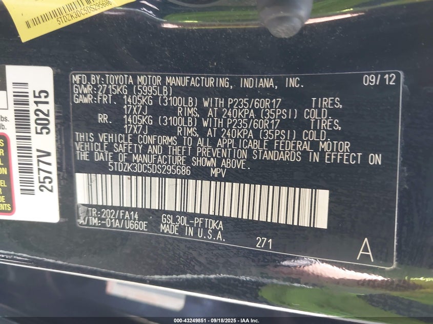 2013 Toyota Sienna L V6 7 Passenger VIN: 5TDZK3DC5DS295686 Lot: 43249851