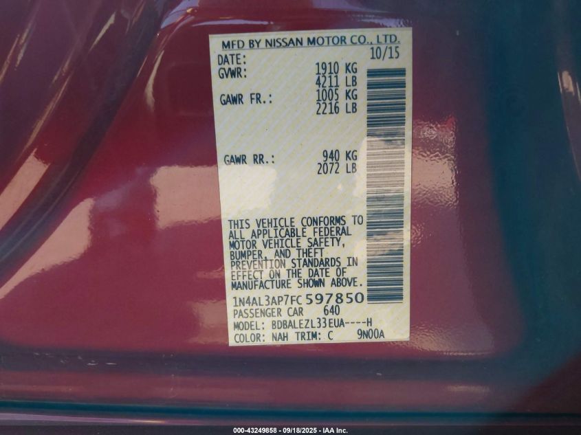 2015 Nissan Altima 2.5 S VIN: 1N4AL3AP7FC597850 Lot: 43249858