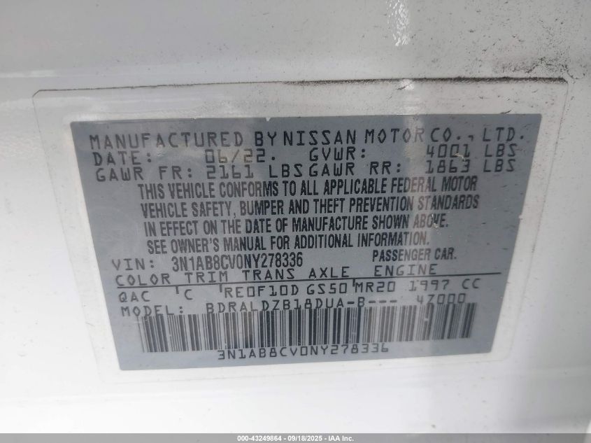 2022 Nissan Sentra Sv Xtronic Cvt VIN: 3N1AB8CV0NY278336 Lot: 43249864