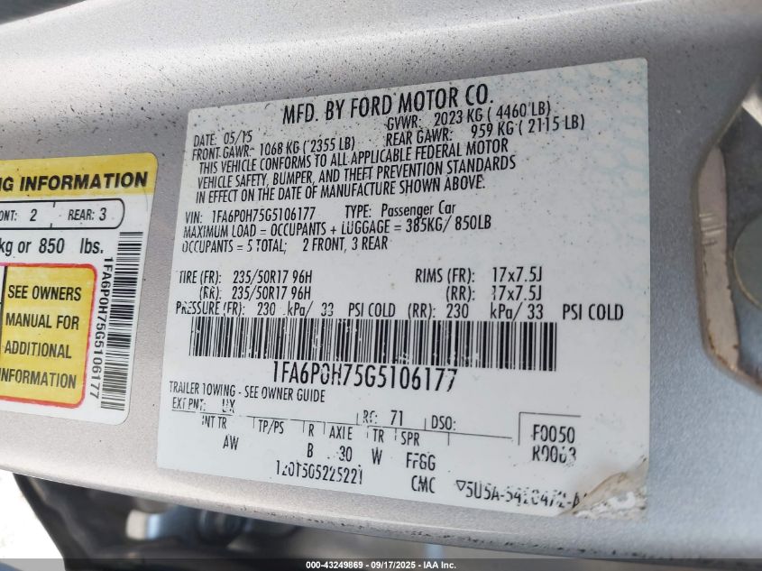 2016 Ford Fusion Se VIN: 1FA6P0H75G5106177 Lot: 43249869