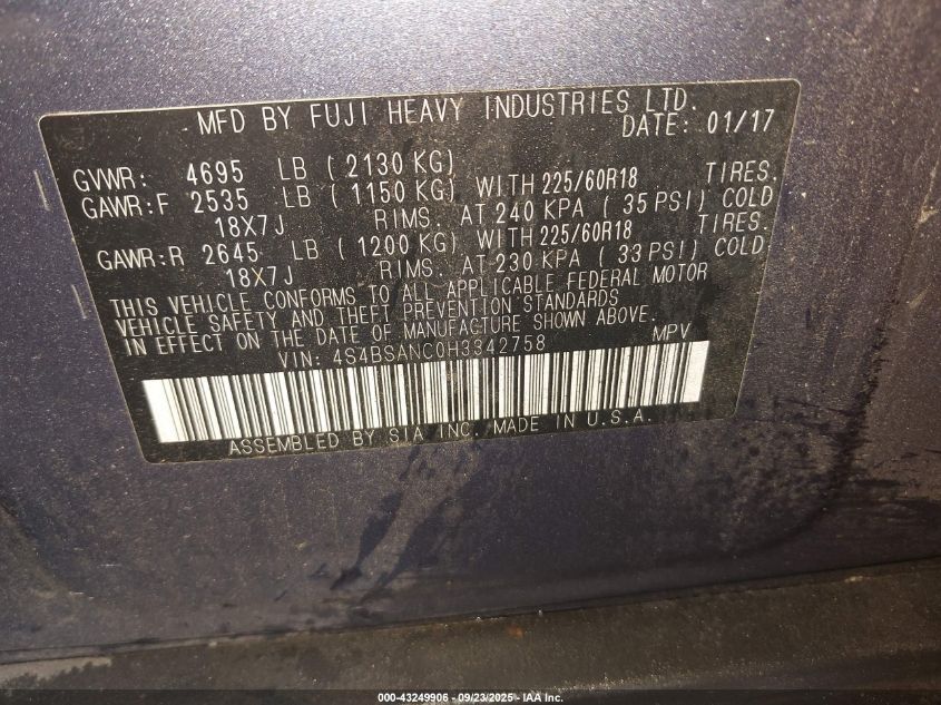 2017 Subaru Outback 2.5I Limited VIN: 4S4BSANC0H3342758 Lot: 43249906