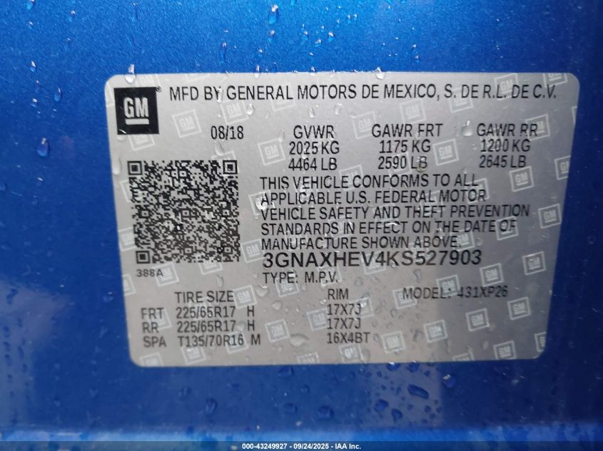 2019 Chevrolet Equinox Ls VIN: 3GNAXHEV4KS527903 Lot: 43249927