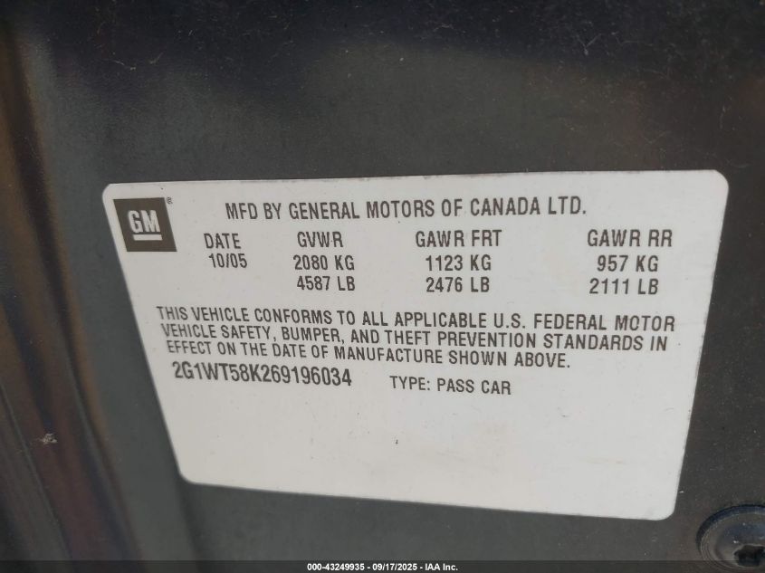 2006 Chevrolet Impala Lt VIN: 2G1WT58K269196034 Lot: 43249935